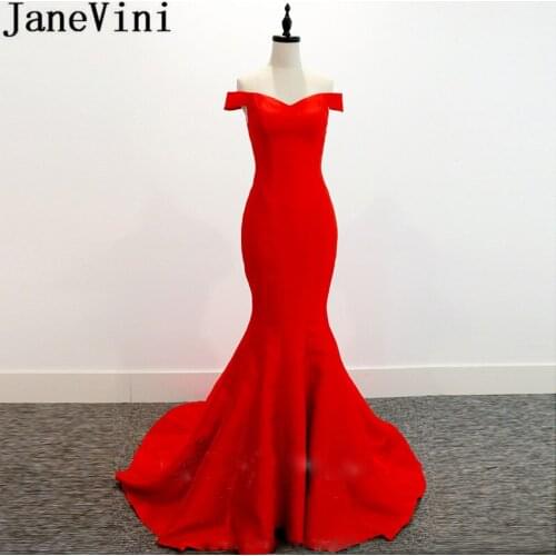 JaneVini Red Mermaid Long Wedding Party Bridesmaids Dresses Vestido Madrinha Plus Size Off Shoulder Satin Women Formal Prom Gown