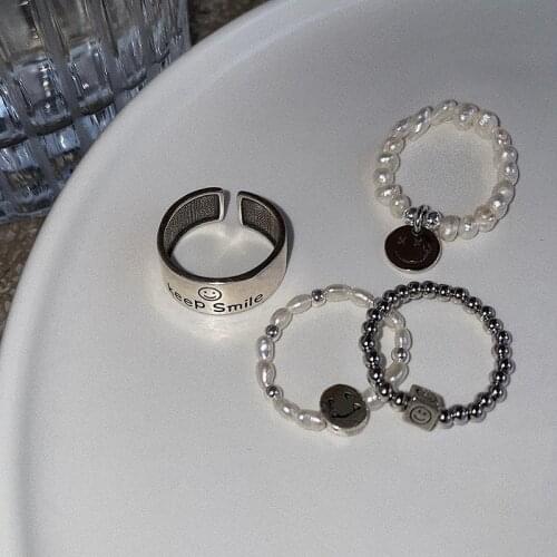 Origin Summer Statement Smile Face Round Beaded Imitation Pearl Ring for Women Open Adjustable Letter Chain Metal Ring Jewelry
