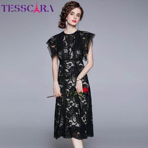 TESSCARA Women Summer Elegant Lace Dress Festa High Quality Office Lady Party Robe Femme Vintage Runway Designer Black Vestidos