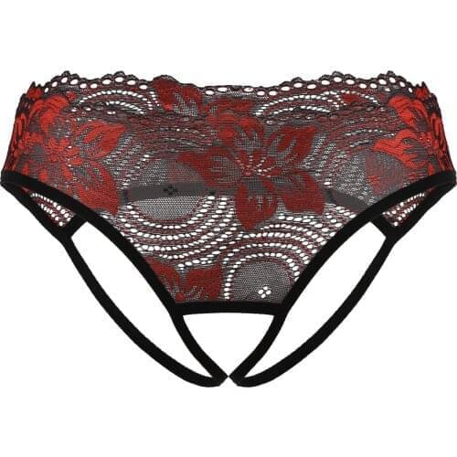 Womens See Through Floral Lace Underwear Erotic Lingerie Underpants Low Rise Crotchless Thongs Elastic Waistband G-string Briefs