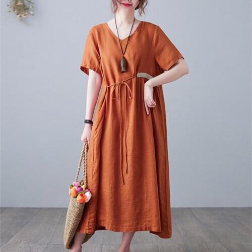 2021 New Arrival Short Sleeve Loose Summer Dress Sashes Slim Solid Color Office Lady Work Dress Women Travel Casual Midi Dress