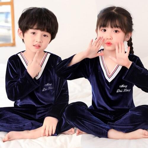 Winter Boy Girl Pajamas Set Children New Autumn Pijamas Kids Soild V-Neck Warm Homewear Pyjama Christmas Golden Velvet Sleepwear