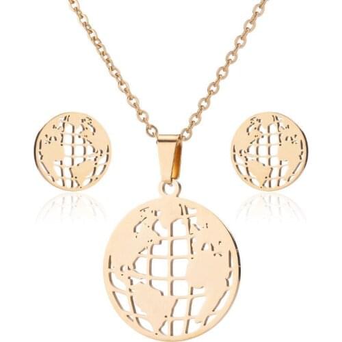 AsJerlya Wholesale Vintage World Map Necklace Stud Earrings Women Round Necklace Circle Necklaces Pendants Choker Jewelry Sets
