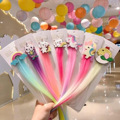 Children Cartoon Rainbow Wig Hairpins Girl Unicorn Hair Clips Cute Rabbit Cat Animals Headbands For Kids Party Hair Accessories