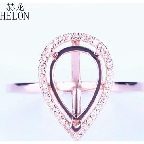 HELON 10x7mm Pear Cut Solid 14K Rose Gold Pave Real Natural Diamonds Women Fine Jewelry Semi Mount Engagement Wedding Ring