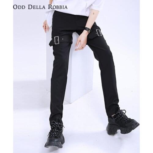 OddDellaRobbia Women Spring Summer Gothic Punk Streetwear Metal Buckle Strap Black Overalls Pencil High Wais Casual Pants 501