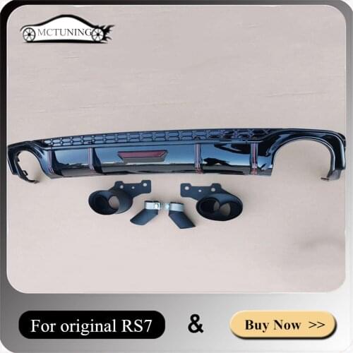 1 Set Car Body kit Accessories Glossy Black Muffler Tip+Rear Lip For Original RS7 2019 2020 2021 Exhaust Pipe +Rear Diffuser