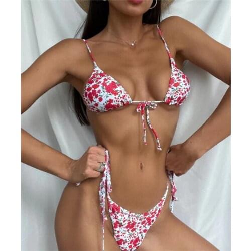 Bandage String Swimsuit Women 2 Pieces Floral Print Bikini 2021 Sexy Triangle Backless Swimwear Beachwear Womens Swimming Suit