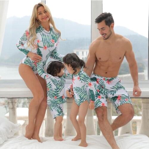 2021 New Family Matching Swimsuit Women Long Sleeve Leaf Mother Daughter Kid Boy Girl Child Swimwear Trunks Bathing Swim Suit