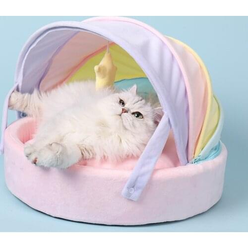 Cute Princess Pet Cat Bed with Removable Mat Indoor Dog Bed with Canopy Round Soft Comfort Pets Bed Dog Kitten House Stars Toy