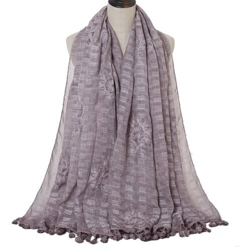 Fashion Plain Cotton Scarf Pom Pom Tassel Shawl Plaid Embroidery Hijab Women Islamic Pashmina 180*90cm Support Wholesale