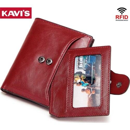 KAVIS Fashion Rfid Genuine Leather Women Wallet Handy Female Coin Purs Portomonee Money Bag Small Card Holder Red Vallet Girs
