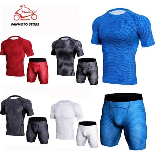 Male motorcycle Tops + shorts Mens motorbike underwear set Short sleeve T shirts base layer sports compression shirts and short