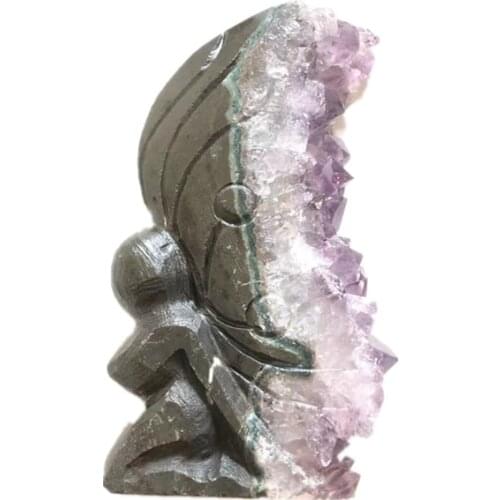 Natural Purple Gem Sculpture Raw Amethyst Butterfly Girl Crystal Cluster Decorate Hand Carved For Gifts