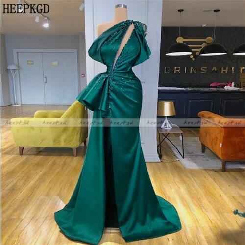 New Design One Shoulder Green Prom Dresses Crystal Satin Plus Size Long Special Occasion Dress High Slit Sexy Women Party Gowns