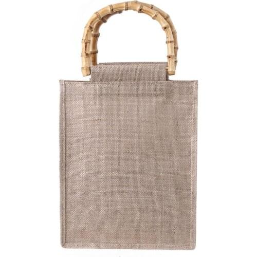 N7MF Portable Burlap Jute Shopping Bag Handbag Bamboo Loop Handles Reusable Tote Grocery Bags for Women Girls
