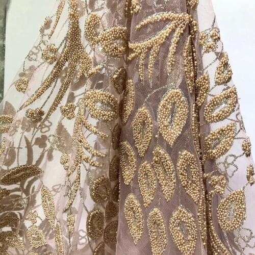 Rose Gold African Mesh French Beaded Lace with Sequins Glitter Tulle Fabric Glued Pearls Leaves Luxury Design Evening Dress Trim