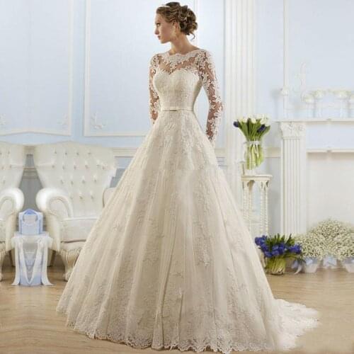WUZHIYI Princess Wedding Dresses Long Sleeves Tulle Appliques A Line Bridal Gown Custom Made Robe De Marriage Lace-Up Back Dress