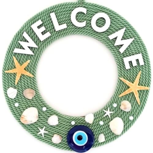 Green Color Door and Wall Decoration with Blue Evil Eye Bead, Sea Star, Pebble Stone and Pearl with 'Welcome' Lettering