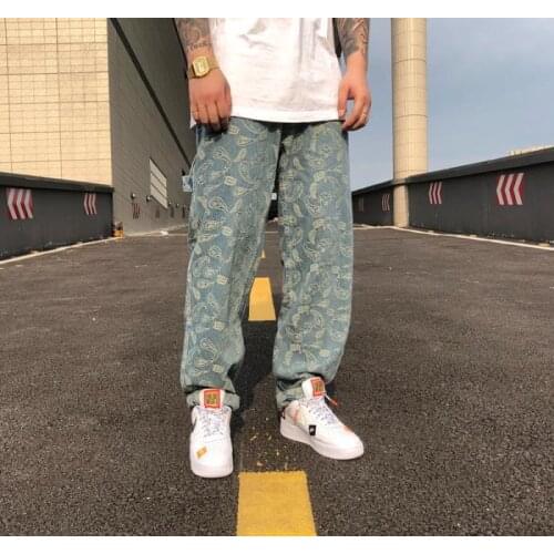 2020 Street Hip-hop Cashew Flower Jacquard Allover Printed Embroidered Ins Loose Straight Men Blue Jeans