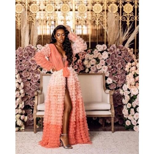 Gorgeous Split Prom Dress Tired Ruffles Deep V Neck Evening Dress Custom Made Long Sleeves Party Dress