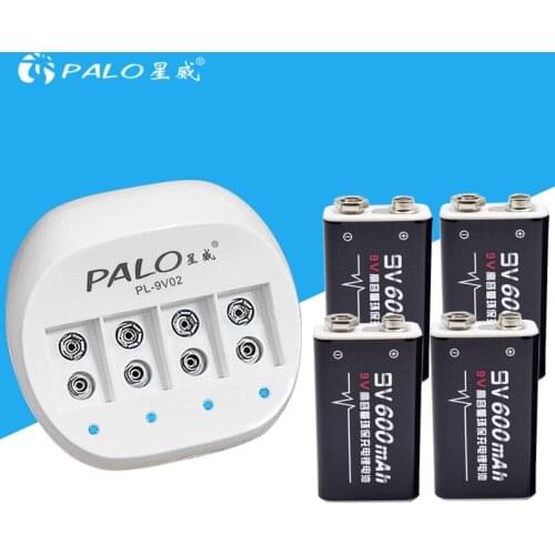 Original PALO 9V Battery Charger for Rechargeable 6F22 9V Lithium-ion Battery+4pcs 9V 600mAh Li-ion Batteries