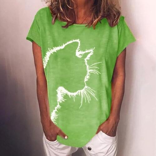 Women Casual T-shirt Short Sleeve O Neck Tees Cartoon Cats Head Print Pullover Cotton Blend Soft Summer Loose Daily Life Tops