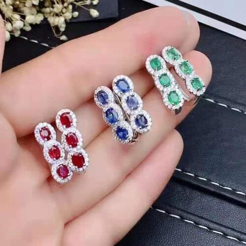 Fashion Natural Sapphire/Ruby/Emerald S925 Sterling Silver Fine Weddings Jewelry Earrings for Women MeibaPJFS