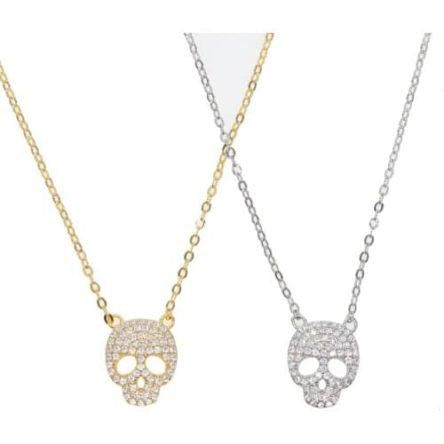 100% 925 sterling silver link chain micro pave cz clear cubic zirconia skull skeleton charm delicate necklace 925