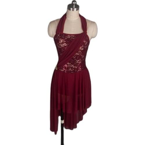 Burgundy Ballet Costume Woman Lyrical Dance Dress Halter Neck Adult Lyrica/Contemporary Dance wear Dress