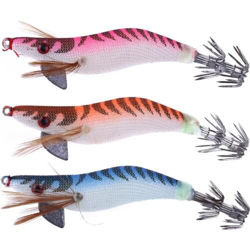 30pcs Squid Hook Fishing lures Squid Jigs Fishing Bait 2.0#Hook 3 Colors Wood Shrimp Fishing Tackles