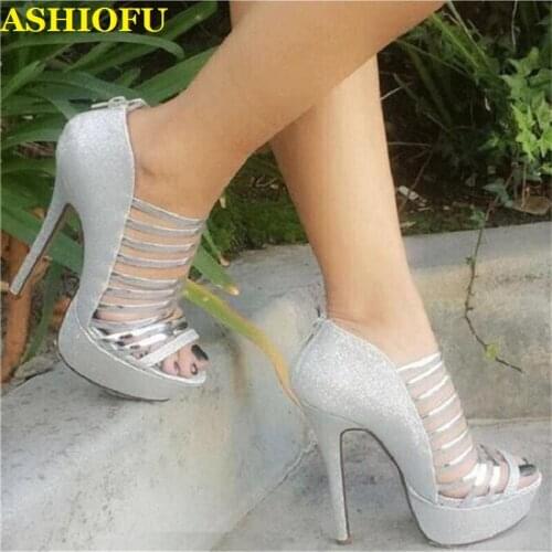 ASHIOFU Handmade Ladies High Heel Sandals striped Peep-toe Glitter Sexy Party Shoes Platform Club Shinely Evening Fashion Sandal