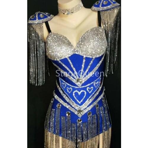 Shining 4 Colors Crystals Epaulet Leotard Sexy Dance Sparkly Tassel Outfit Celebrate Bodysuit Costume Stage Singer Dance Wear