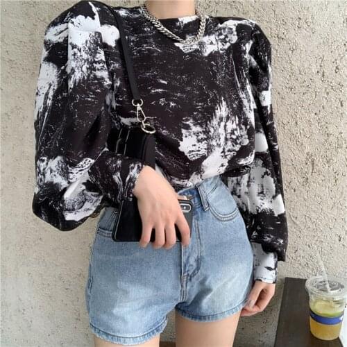 Ink Print Blouse Women Korean Style Shirt Loose Retro Round Neck Long Sleeve Top Autumn Spring Blusa Mujer Casual Pullover Shirt