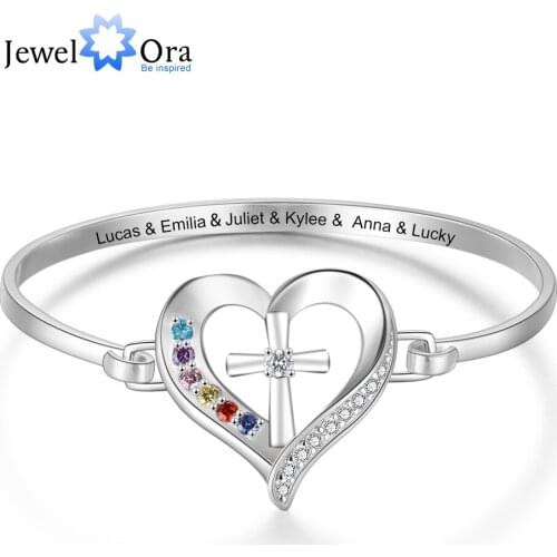 Personalized Name Bracelet with 6 Simulated Birthstones Engraved Mother Children Names Cross & Heart Bangles for Women(BA102565)