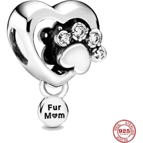 Hight Quality Silver Color Sparkling Paw Print & Heart Charm Pet Beads Fit Original Pandora Bracelet Bangle For Women Jewelry Gi