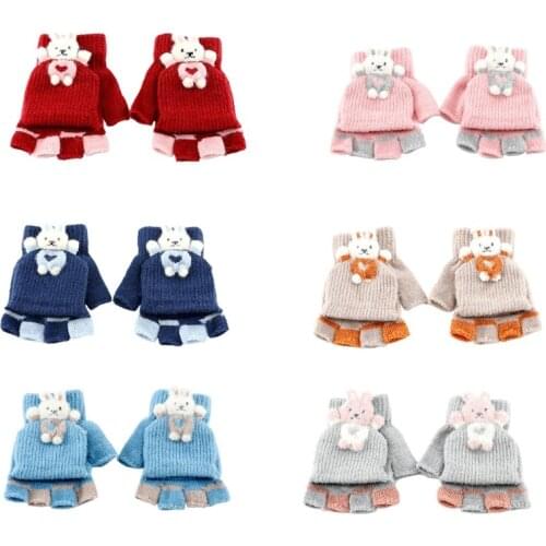 Toddler Plush Rabbit Half Finger Gloves with Flip Top Children Winter Warm Gloves Stretchy Knitted Elastic Warm Mittens