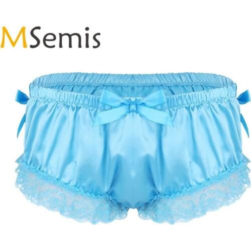 Mens Sissy Lingerie Male Underwear Satin Panties for Men Shiny Ruffled Floral Lace Bowknot Knickers Briefs Sissy Underwear