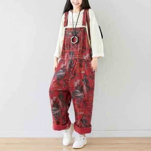 Retro Printed Floral Wide Leg Jeans Jumpsuit Women Casual Boyfriend Suspenders Denim Overalls Baggy Cowboy Bib Trousers Rompers
