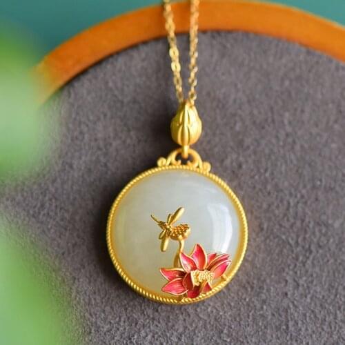 Elegant Enamel Lotus Pendant Necklace Luxury Round Hetian Jade Stone Vintage Gold Jewelry For Women Engagement Anniversary Gift