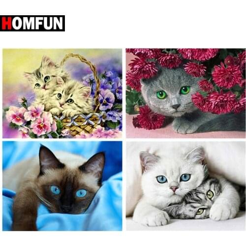 HOMFUN Paint With Diamond Embroidery "Flower & cat" Diamond Painting Full Square Round Picture Of Rhinestone Decor