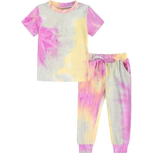 Summer Sport Set Kids Girls Boys Tie Dye Print Sports Suit Cotton T-shirt Pants Running Outfits Gym Workout Clothing Sportswear