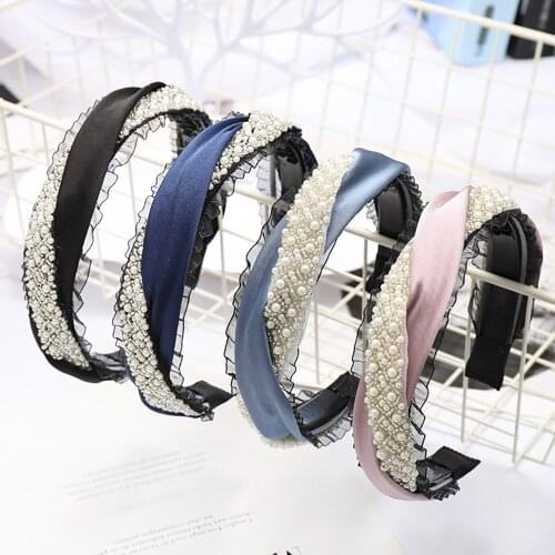 Fashion Korean Style Pearl Lace Women Headband Wide Female Hairband Girls Hair Accessories for Party Engagement