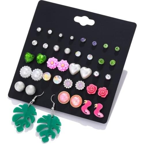 LUXSHINE Monstera Leaf Flamingo Stud Earring Set for Girl Cute Resin Heart Korean Earrings Green Pink Flower 20 Pairs/lot Bijoux