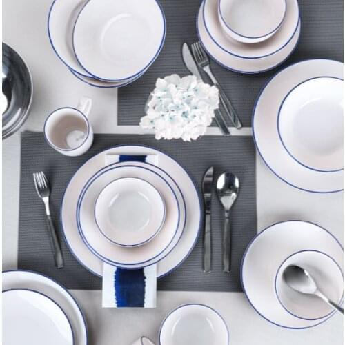 Blue Line Dinner Set 30-Piece Dinnerware for 6 People, Dessert Plate, Bowl Stone Tableware Plate And Bowls