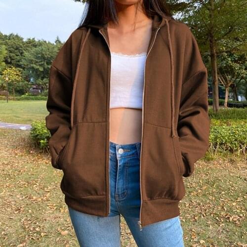 2021 New Simple Casual Women Hoodies Hooded Zipper Autumn Winter Thick Solid Color Drawtring Sweatshirt Coat for Daily Wear
