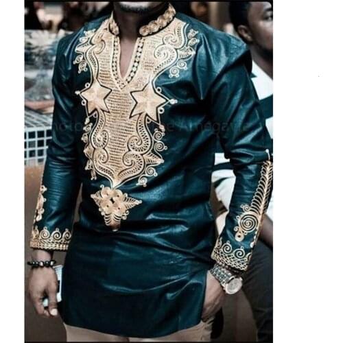 New 2021 Fashion African Mens T-shirt Rich Bazin Print Tops Shirt Dress Long Sleeve for African Dresses Man Casual Clothes