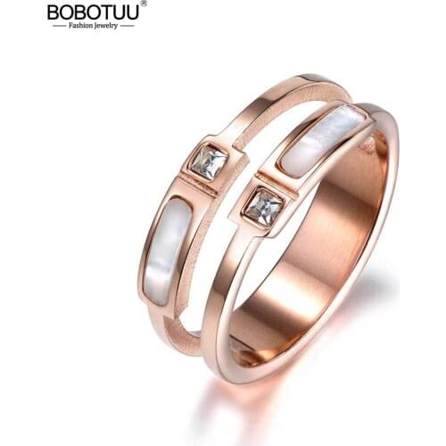 BOBOTUU New Rose Gold Color Double Shell & Cubic Zirconia Finger Rings Jewelry Stainless Steel Wedding Ring For Women BR18005