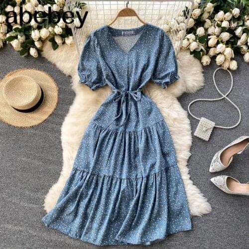 Women French Floral Dress Sweet Puff Sleeve V Neck Ruffles A-line Sundress Summer Bohemian Print Holiday Midi Dresses