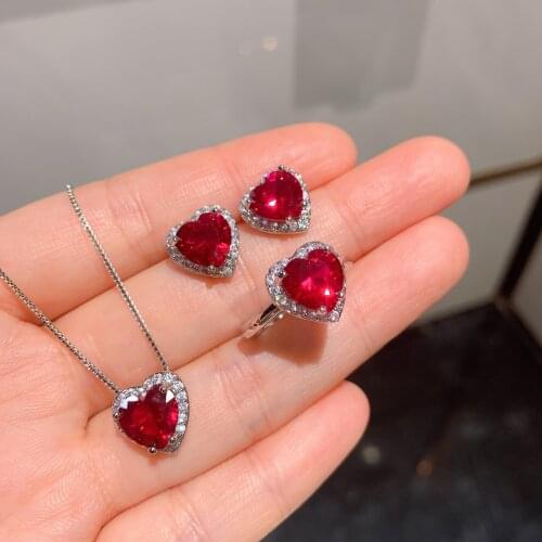 Heart-Shape Ruby Stone DiamondGemstone Pendant Necklace Earrings Ring Charms 925 Sterling Silver Wedding Jewelry Set for Women